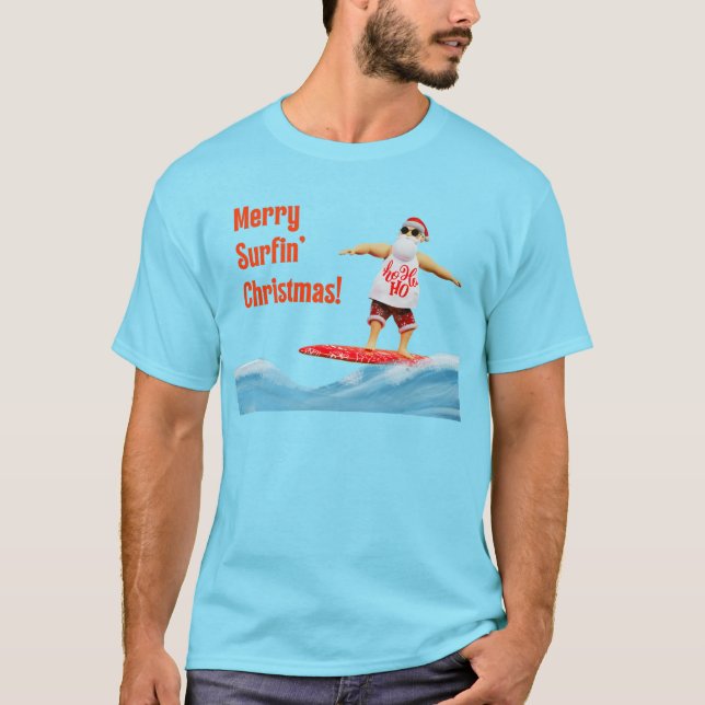 Merry Surfin' Christmas Santa on Surfboard T-Shirt (Front)