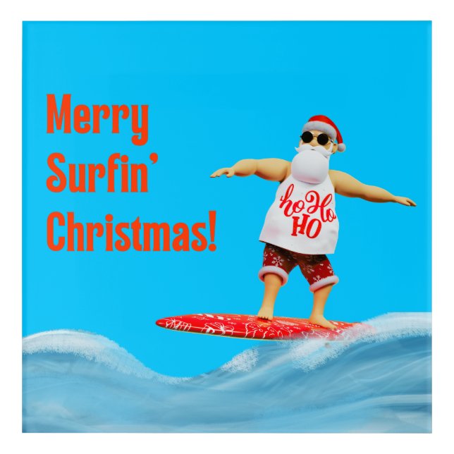 Merry Surfin' Christmas Santa on Surfboard Throw P Acrylic Print (Front)