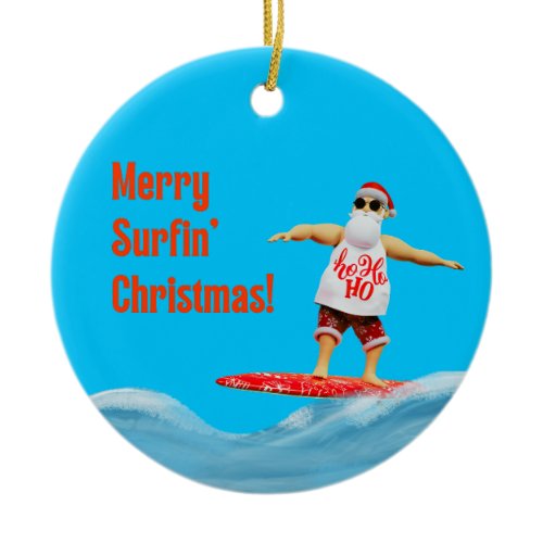 Merry Surfin' Christmas Santa on Surfboard Throw P Ceramic Ornament