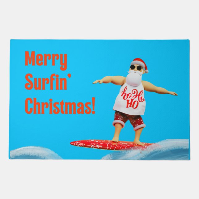 Merry Surfin' Christmas Santa on Surfboard Throw P Doormat (Front)