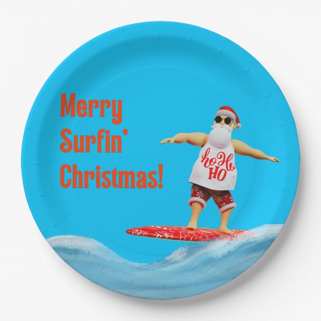 Merry Surfin' Christmas Santa on Surfboard Throw P Paper Plates (Front)