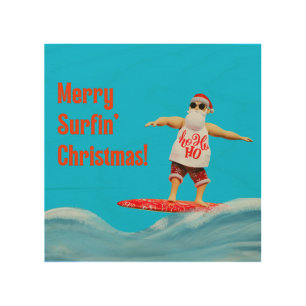 Merry Surfin' Christmas Santa on Surfboard Throw P Wood Wall Art