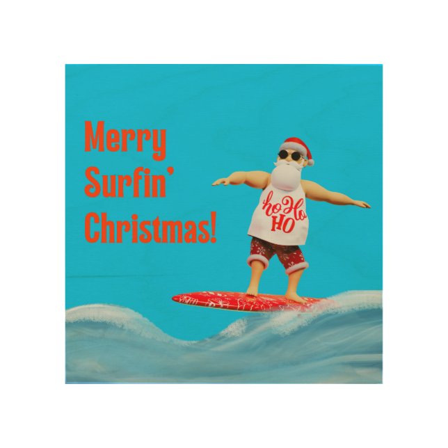 Merry Surfin' Christmas Santa on Surfboard Throw P Wood Wall Art (Front)