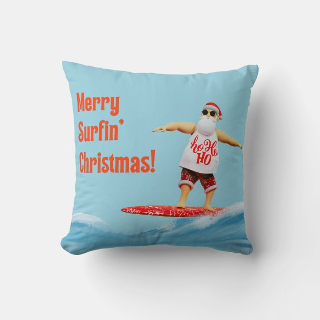 Merry Surfin' Christmas Santa on Surfboard Throw Pillow (Front)