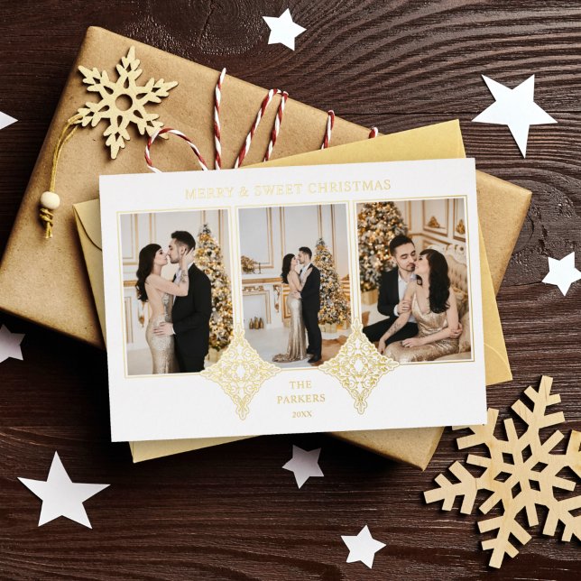 Merry & Sweet Christmas Elegant 3 Photos Collage Foil Holiday Card (Creator Uploaded)