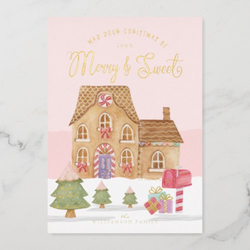 Merry  Sweet Watercolor Gingerbread Candy Village Foil Holiday Card