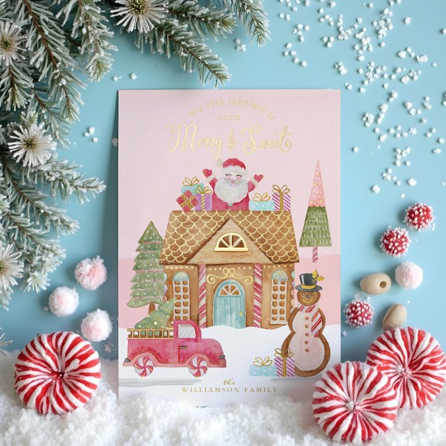 Merry & Sweet Watercolor Gingerbread Candy Village Foil Holiday Card (Merry & Sweet Watercolor Gingerbread Candy Village Foil Holiday Card)