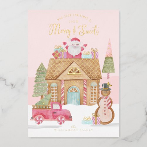 Merry  Sweet Watercolor Gingerbread Candy Village Foil Holiday Card