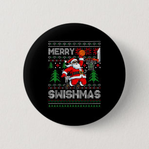 Merry Swishmas Basketball Ugly Christmas Santa Men Button