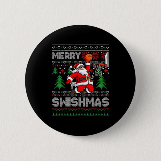 Merry Swishmas Basketball Ugly Christmas Santa Men Button (Front)