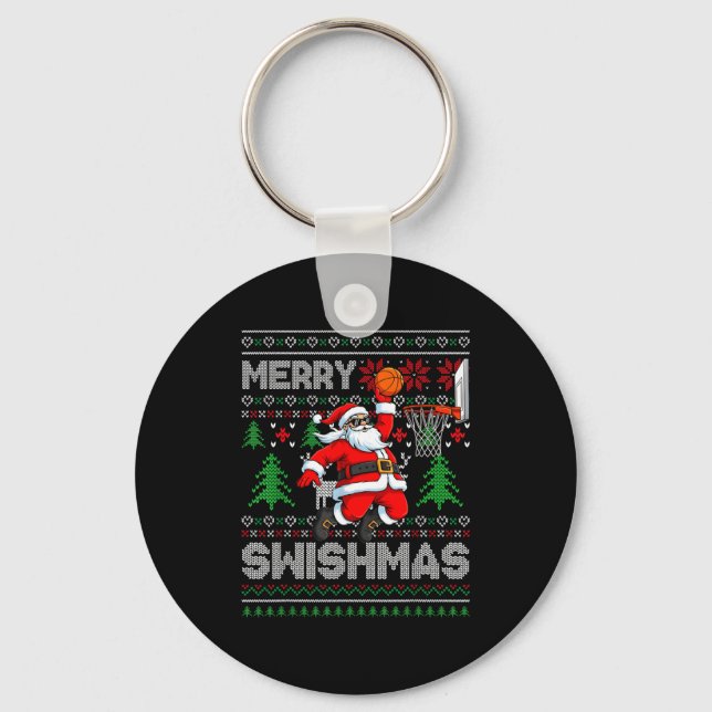 Merry Swishmas Basketball Ugly Christmas Santa Men Keychain (Front)