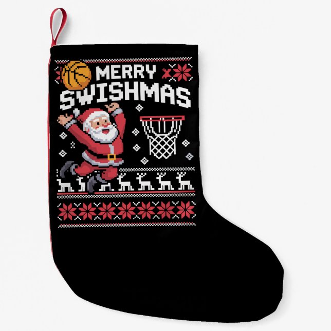 Merry Swishmas Basketball Ugly Christmas Xmas  Small Christmas Stocking (Front)
