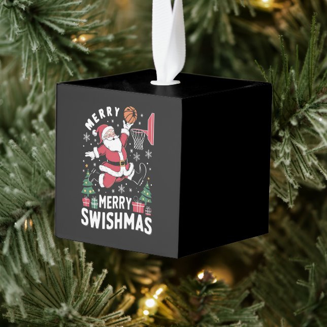 Merry Swishmas Christmas Santa Playing Basketball  Cube Ornament (Tree)