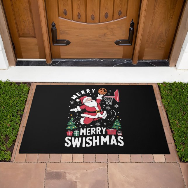 Merry Swishmas Christmas Santa Playing Basketball  Doormat (Outdoor)