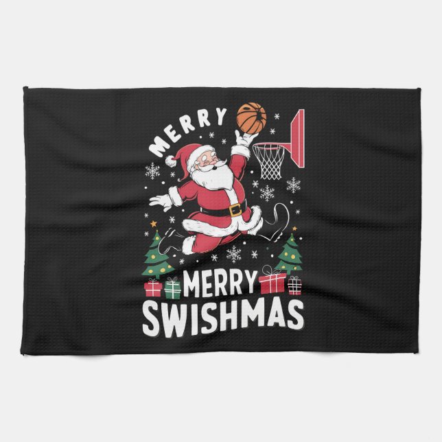 Merry Swishmas Christmas Santa Playing Basketball  Kitchen Towel (Horizontal)