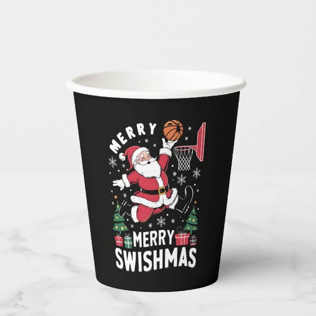 Merry Swishmas Christmas Santa Playing Basketball  Paper Cups (Front)