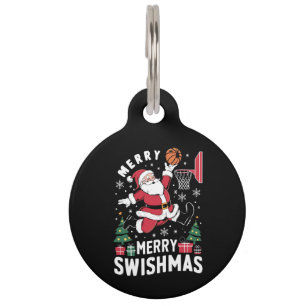 Merry Swishmas Christmas Santa Playing Basketball  Pet ID Tag