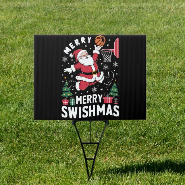 Merry Swishmas Christmas Santa Playing Basketball  Sign (Insitu)