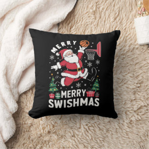 Merry Swishmas Christmas Santa Playing Basketball Throw Pillow