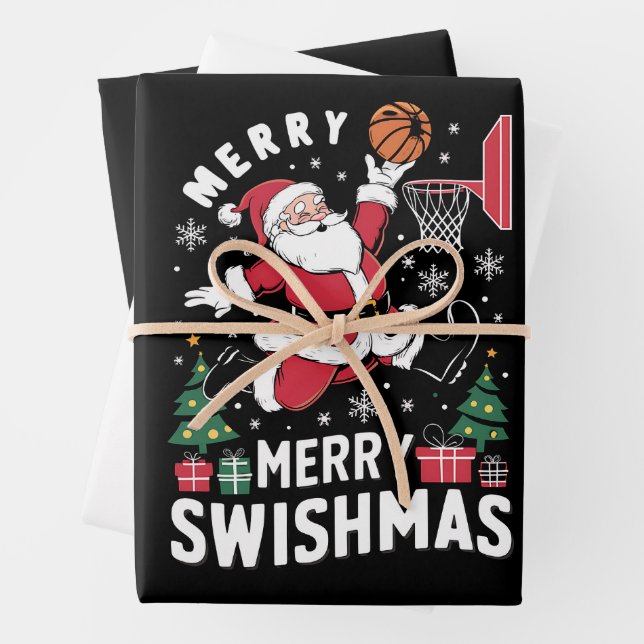 Merry Swishmas Christmas Santa Playing Basketball  Wrapping Paper Sheets (In situ)