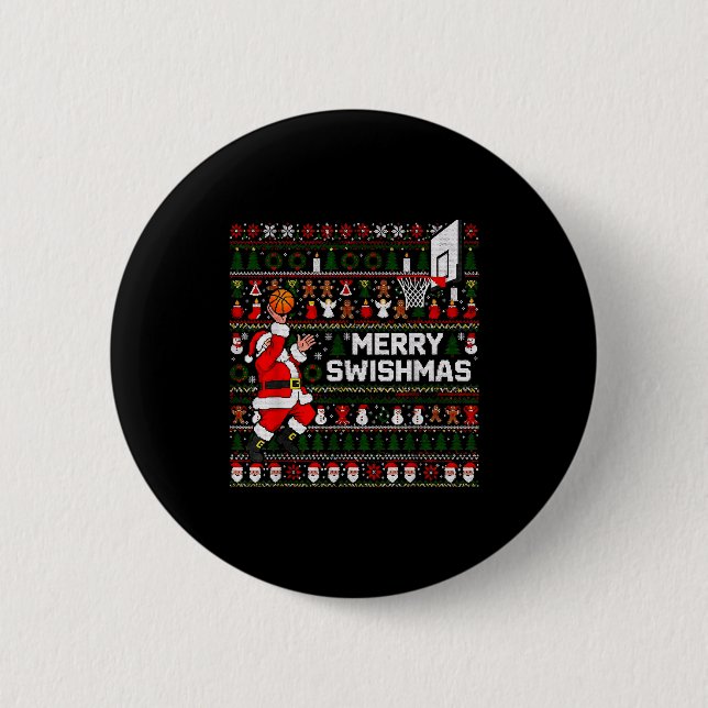Merry Swishmas Santa Basketball Ugly Sweater Style Button (Front)