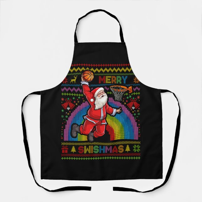 Merry Swishmas Ugly Christmas Basketball Santa Dun Apron (Front)