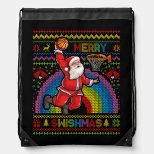 Merry Swishmas Ugly Christmas Basketball Santa Dun Drawstring Bag