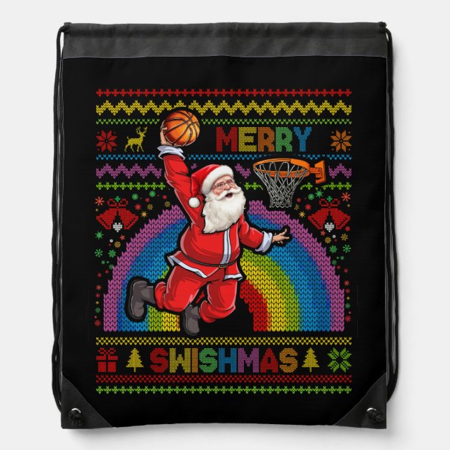 Merry Swishmas Ugly Christmas Basketball Santa Dun Drawstring Bag (Front)