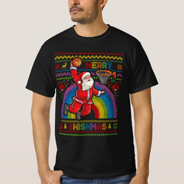Merry Swishmas Ugly Christmas Basketball Santa Dun T-Shirt (Front)