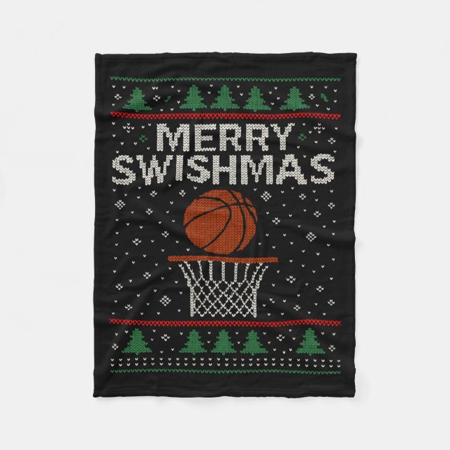 Merry Swishmas Ugly Christmas Sweater Basketball J Fleece Blanket (Front)