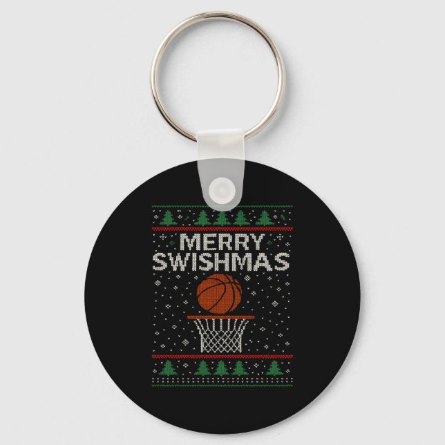 Merry Swishmas Ugly Christmas Sweater Basketball J Keychain (Front)