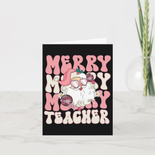 Merry Teacher Christmas Retro Wavy Pink Teacher  Card