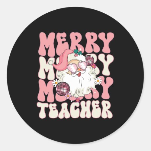 Merry Teacher Christmas Retro Wavy Pink Teacher  Classic Round Sticker