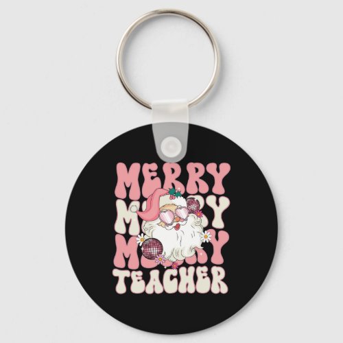 Merry Teacher Christmas Retro Wavy Pink Teacher  Keychain