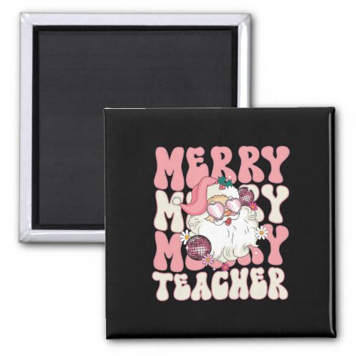 Merry Teacher Christmas Retro Wavy Pink Teacher  Magnet