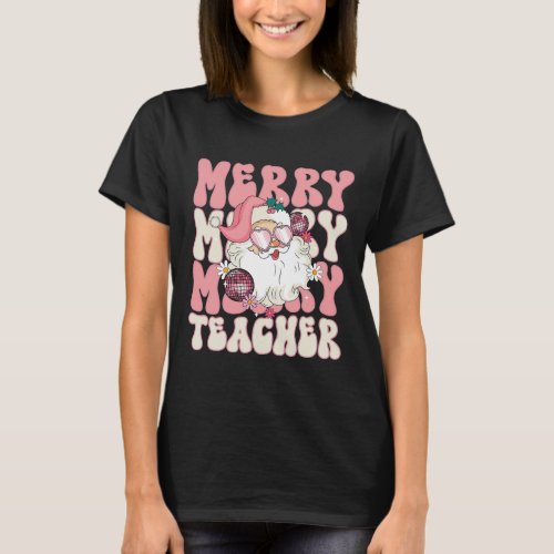 Merry Teacher Christmas Retro Wavy Pink Teacher  T_Shirt