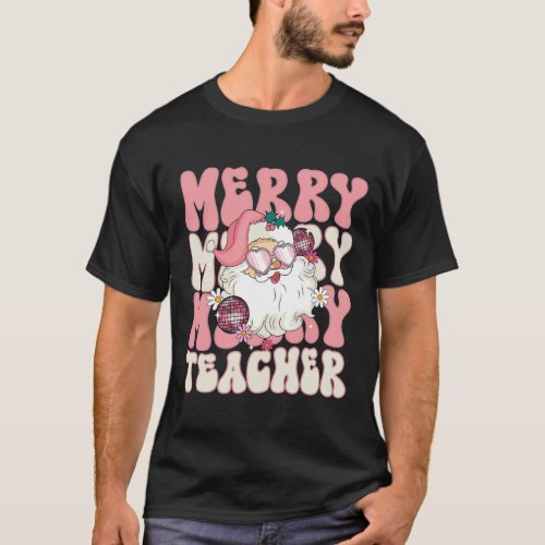 Merry Teacher Christmas Retro Wavy Pink Teacher  T_Shirt