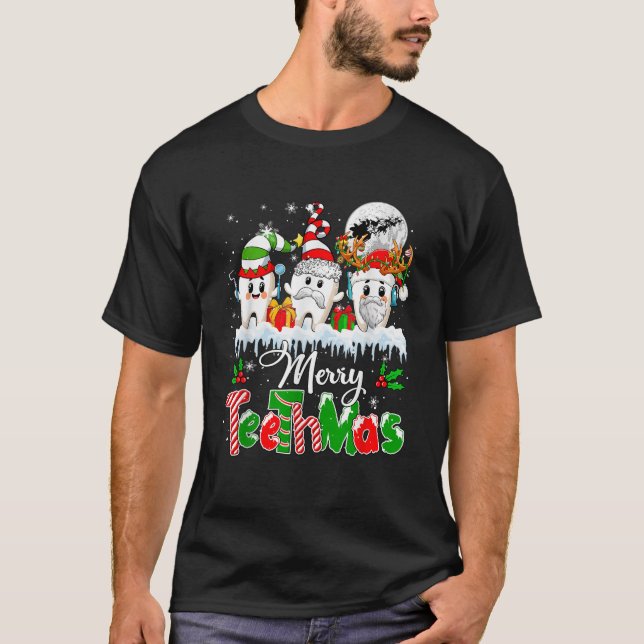 Merry Teethmas Xmas Three Santa Elf Reindeer Teeth T-Shirt (Front)