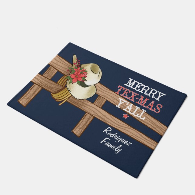 Merry Tex-Mas Y'all Cowboy Hat with Flowers Doormat (Angled)