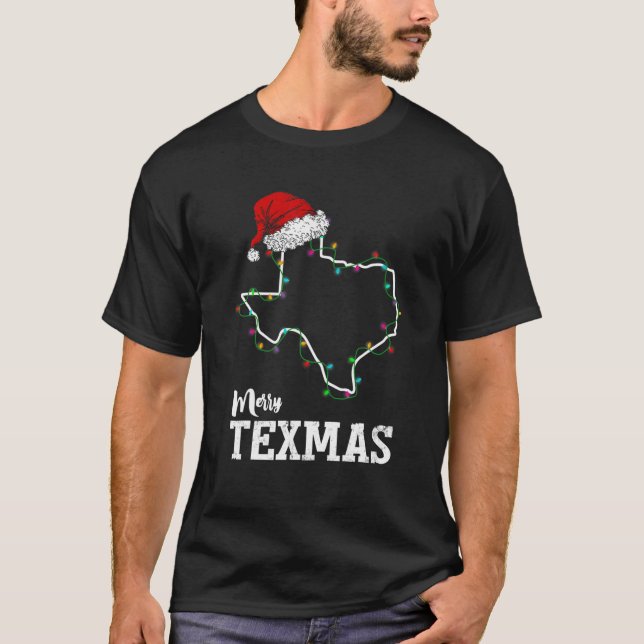 Merry Texmas Texas State Christmas Light Outline S T-Shirt (Front)