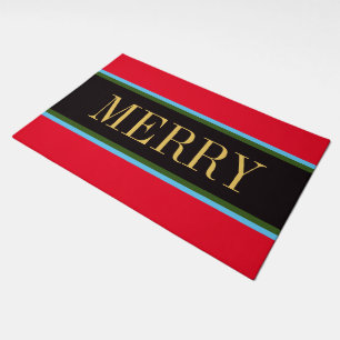 MERRY Text Bright Holiday Red Green Black Stripes Doormat