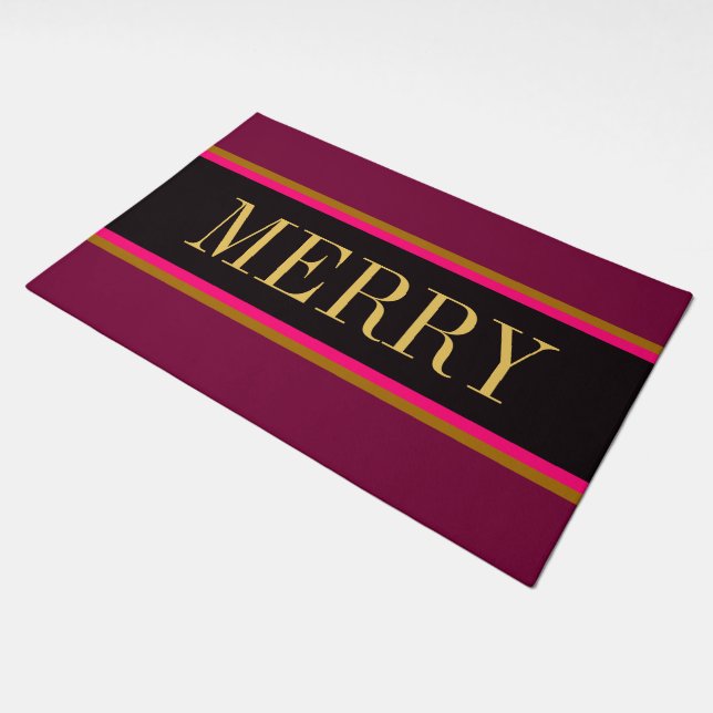 MERRY Text Holiday Burgundy Red Black Stripes Doormat (Angled)
