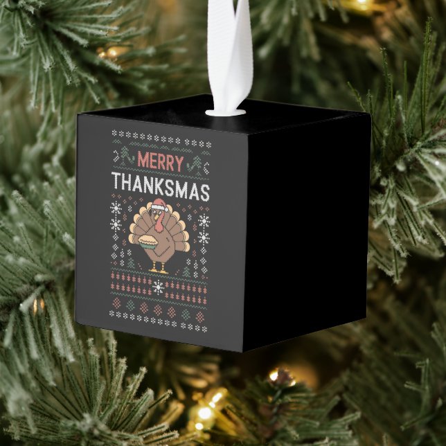 Merry Thanksmas Christmas Thanksgiving Turkey  Cube Ornament (Tree)