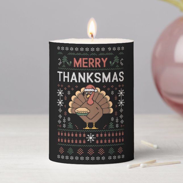 Merry Thanksmas Christmas Thanksgiving Turkey  Pillar Candle (In Situ)