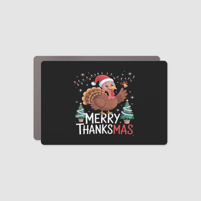 Merry Thanksmas Happy Thanksgiving Santa Turkey Es Car Magnet (Front)