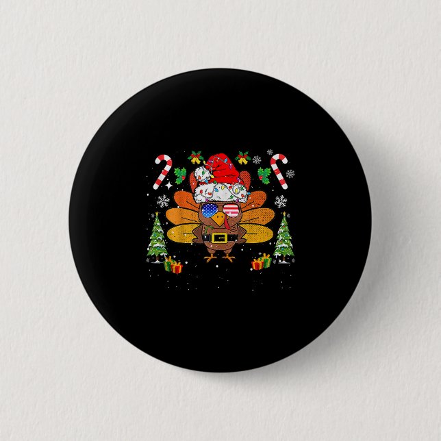 Merry Thanksmas Happy Thanksgiving Santa Turkey Xm Button (Front)