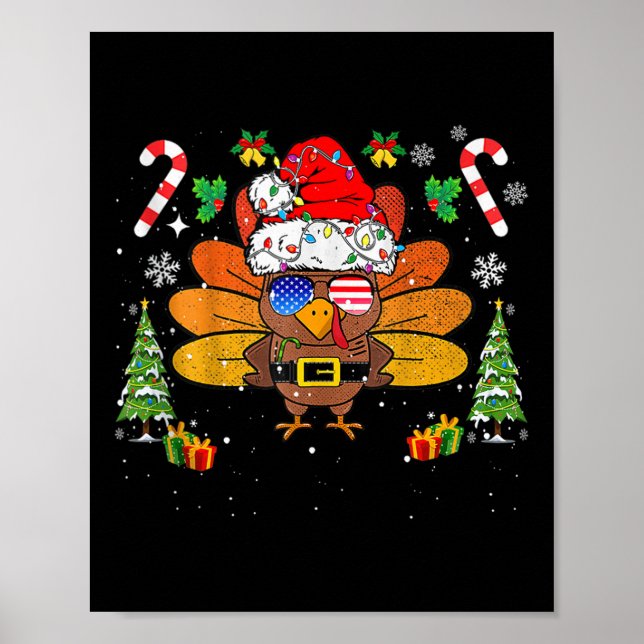 Merry Thanksmas Happy Thanksgiving Santa Turkey Xm Poster (Front)