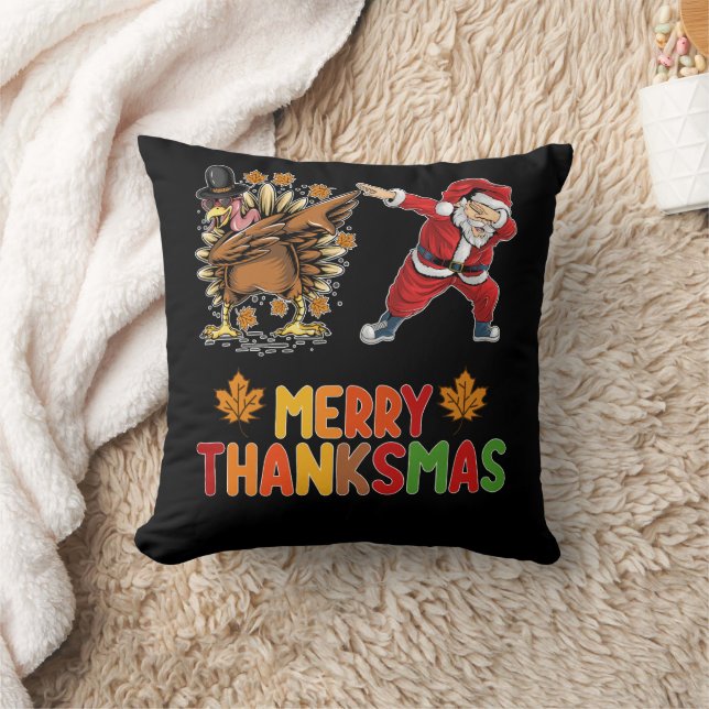 Merry Thanksmas Thanksgiving Fall Christmas Season Throw Pillow (Blanket)