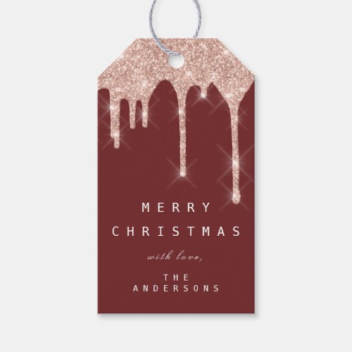 Merry To Holiday Gift Glitter Drip Spark Burgundy Gift Tags