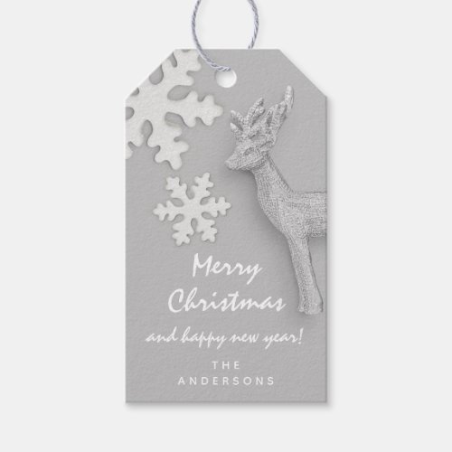 Merry To Holiday Gift Happy New Year Deer Silver Gift Tags